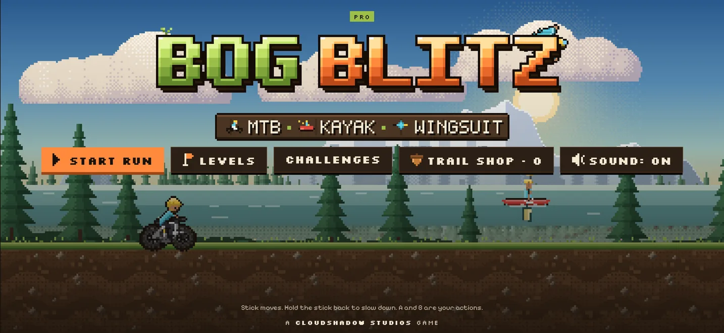 Bog Blitz title screen: a mountain biker on a lakeside trail under the Bog Blitz logo