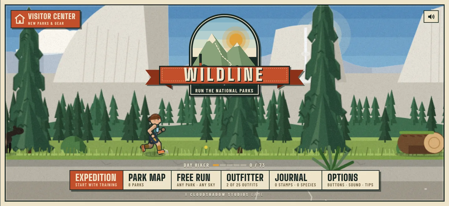 Wildline title screen: a runner on a trail below Yosemite's granite walls, with the Wildline badge and the main menu